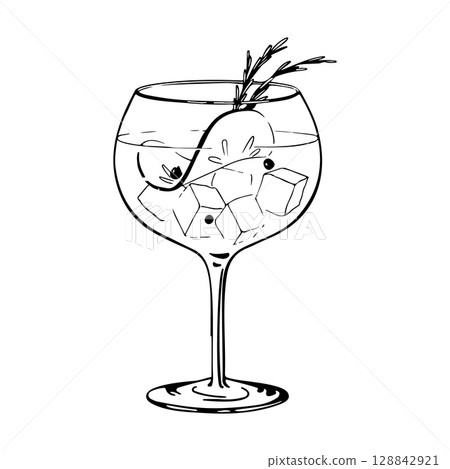 Hand drawn vector illustration of a gin and tonic cocktail in a balloon glass with ice cubes citrus peel juniper berries and rosemary garnish elegant black and white line art on white background Hand drawn vector illustration of a gin and tonic cocktail in a balloon glass with ice cubes citrus peel juniper berries and rosemary garnish elegant black and white line art on white background 128842921
