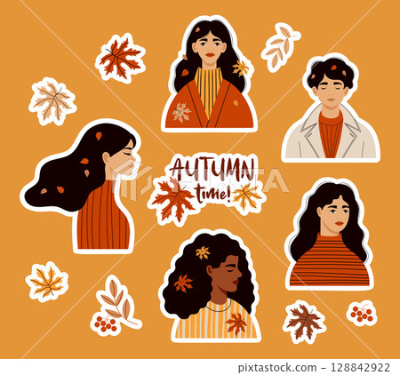 Elegant diverse Woman and Autumn Leaves Stickers set. Isolated Female Autumnal portraits. Vector illustration. Not AI Elegant diverse Woman and Autumn Leaves Stickers set. Isolated Female Autumnal portraits. Vector illustration. Not AI 128842922