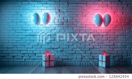 White gift boxes tied with red ribbons and white balloons are set against a brick wall illuminated by white and pink lights 128842934
