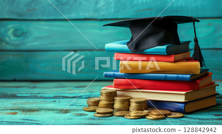 Colorful stack of books, graduation cap and coins in the light turquoise wooden background. Student loan and college savings concept 128842942