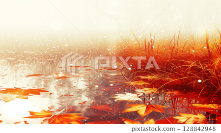 Calm pond with red and orange leaves floating on the surface and blurred autumn landscape 128842948