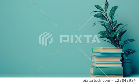 Stack of books and potted plant on a clean green background with empty space 128842954