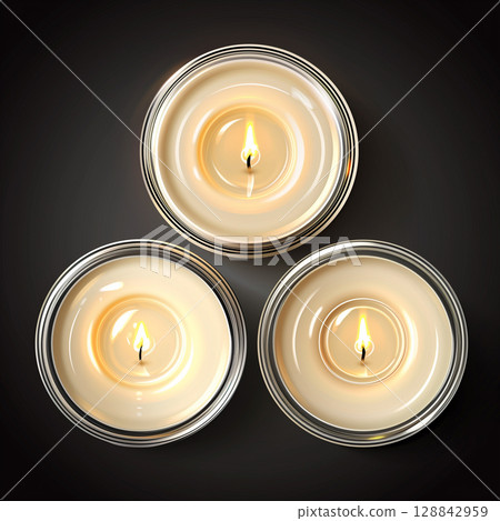 Three round white candles on black backround top view 128842959