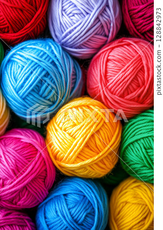 Vibrant close-up of colorful yarn balls, showcasing unique textures and hues. Vertical knitting background 128842973