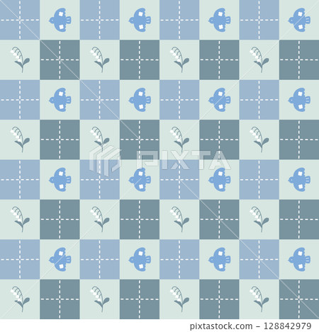 seamless minimal flower lily of valley and bird repeat pattern in blue plaid checkered background, flat jpg illustration graphic design seamless minimal flower lily of valley and bird repeat pattern in blue plaid checkered background, flat jpg illustration graphic design 128842979