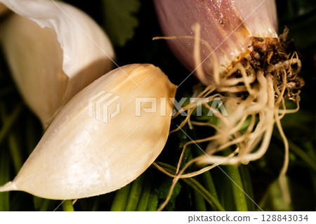 Garlic cloves resting on fresh green herbs, ready for culinary delights 128843034