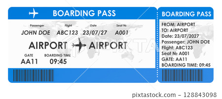 Airplane boarding pass ticket. 3D rendering Airplane boarding pass ticket. 3D rendering 128843098