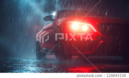 Powerful red sports car captured in dramatic night rain scene, with its bright headlights illuminating the falling droplets, wet asphalt. This image conveys speed, luxury, bad weather, dynamic motion 128843130