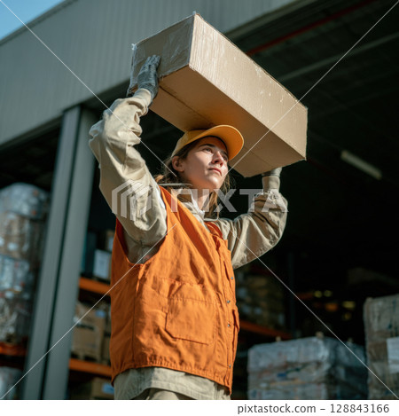 Female warehouse worker, wearing a yellow cap, orange safety vest, gloves, efficiently carries cardboard box on her head. Themes of hard work, logistics, supply chain operations in industrial setting 128843166