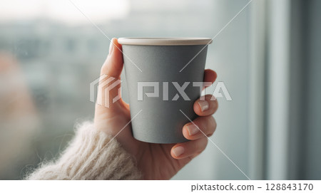 Hand gently holding a stylish, reusable grey coffee cup. The soft focus background creates a cozy atmosphere, perfect for themes of sustainability, mindful consumption, and everyday comfort. 128843170