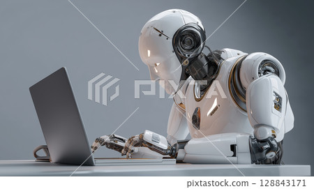 Humanoid robot diligently interacting with laptop, embodying cutting-edge fusion of artificial intelligence, technology. Concepts of automation, programming, data analysis, future of work 128843171