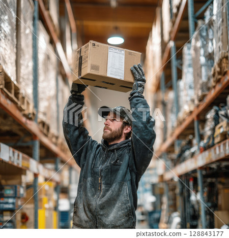A hardworking male warehouse worker, wearing a cap and gloves, diligently lifts a cardboard package above his head in an industrial storage facility. Concept of logistics in modern supply chains 128843177