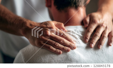 Skilled hands performing therapeutic massage on person's shoulders and neck. The image conveys relaxation, stress relief, and benefits of professional physical therapy or spa treatments for wellness 128843178