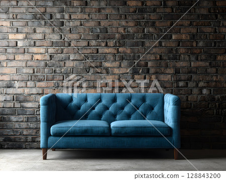 Blue sofa in a loft interior against a textured wall. Sofa in a home. Neural network AI generated art Blue sofa in a loft interior against a textured wall. Sofa in a home. Neural network AI generated art 128843200