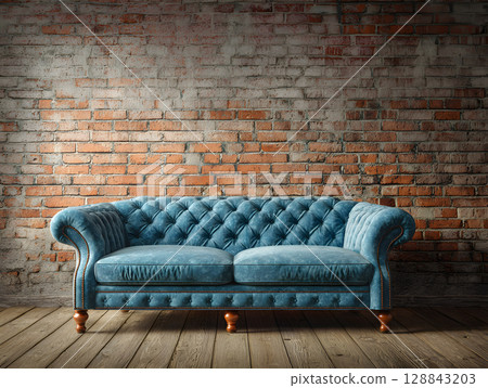 Blue sofa in a loft interior against a textured wall. Sofa in a home. Neural network AI generated art 128843203