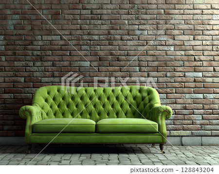 Green sofa in a loft interior against a textured wall. Sofa in a home. Neural network AI generated art 128843204