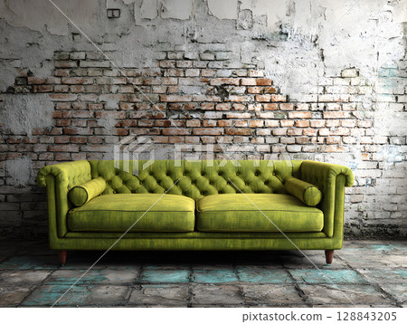 Green sofa in a loft interior against a textured wall. Sofa in a home. Neural network AI generated art 128843205
