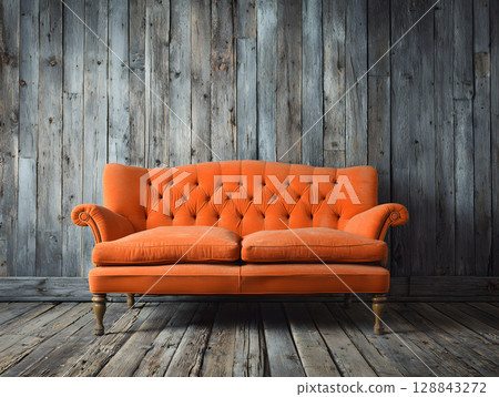Orange sofa in a loft interior against a textured wall. Sofa in a home. Neural network AI generated art 128843272