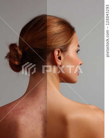 A striking visual comparison showing a woman's back, half with skin imperfections and half with clear, healthy skin. Perfect for dermatology, beauty, and skincare advertising 128843293