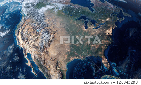 Breathtaking satellite view of North America is revealing detailed topographical features like mountains, deserts, while eastern part is dark, brilliantly illuminated by city lights, infrastructure 128843298