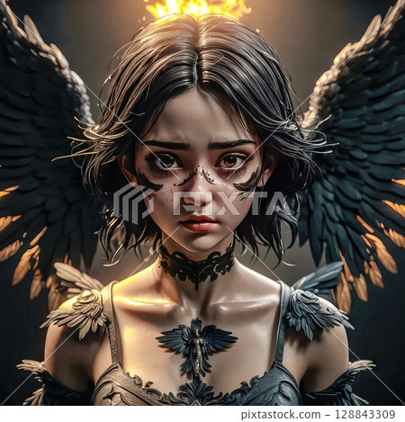 Portrait of a beautiful attractive black fallen angel on a dark background 128843309
