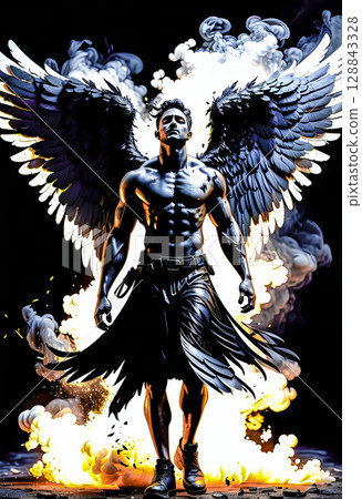 Portrait of a black fallen angel on a dark background, the demon comes out of the fire 128843328