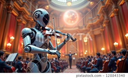 On stage, a futuristic robot plays the violin and performs a solo part in front of a symphony orchestra with a conductor in a richly decorated chamber hall 128843340