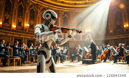 On stage, a futuristic robot plays the violin and performs a solo part in front of a symphony orchestra with a conductor in a richly decorated chamber hall 128843349