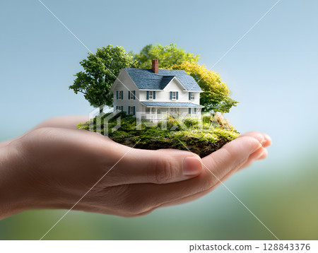 Property purchased with a mortgage for business or residential. Real estate concept. Neural network AI generated art 128843376