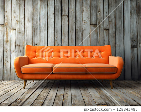 Orange sofa in a loft interior against a textured wall. Sofa in a home. Neural network AI generated art 128843483