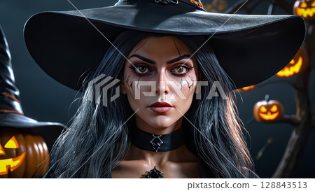 Halloween. Beautiful young witch casts a spell on Halloween 128843513