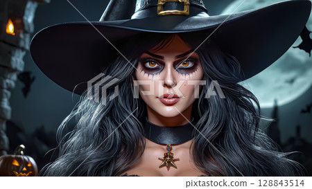 Halloween. Beautiful young witch casts a spell on Halloween 128843514