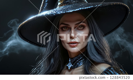 Halloween. Beautiful young witch casts a spell on Halloween 128843520