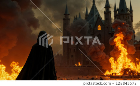 A wizard in a black robe looks at a burning castle, flames and smoke floating in the fire 128843572