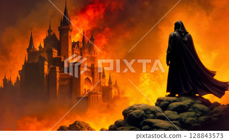 A wizard in a black robe looks at a burning castle, flames and smoke floating in the fire 128843573