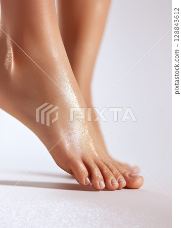 A close-up of well-maintained, moisturized foots with neatly polished nails, set against clean, light background. This image highlights themes of skincare, beauty, wellness, pedicure and personal care 128843612