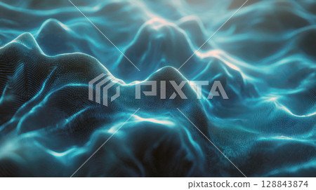 captivating abstract background featuring a wavy landscape of interconnected, glowing blue and cyan particles, creating a sense of digital data flow, futuristic technology, or scientific visualization 128843874