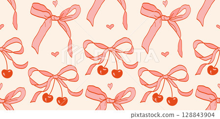 Seamless romantic vintage pattern with hand-drawn coquettish pink bows, red cherries, hearts on soft beige background. Ideal for wrapping paper, stationery, textiles, Valentine's decor, girly designs. Seamless romantic vintage pattern with hand-drawn coquettish pink bows, red cherries, hearts on soft beige background. Ideal for wrapping paper, stationery, textiles, Valentine's decor, girly designs. 128843904