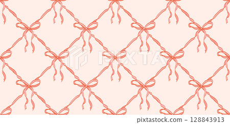 Pink vintage ribbon bows seamless pattern with elegant lattice design. Ideal for fabric, gift wrap, wallpaper, stationery, fashion design, branding, digital paper, romantic-themed projects. Pink vintage ribbon bows seamless pattern with elegant lattice design. Ideal for fabric, gift wrap, wallpaper, stationery, fashion design, branding, digital paper, romantic-themed projects. 128843913