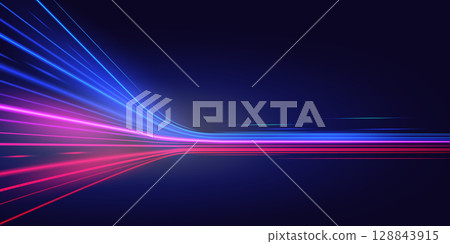 Speed motion light trails in neon blue and pink on dark background. Perfect for technology, high-speed data transfer, sci-fi, fast internet, telecom, digital acceleration, and dynamic banners. 128843915