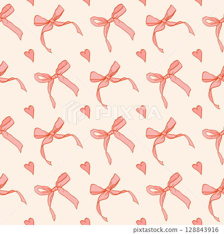Pink vintage coquettish ribbon bows seamless pattern with hearts. Perfect for fabric, gift wrap, stationery, wallpaper, scrapbooking, fashion design, branding, and romantic-themed projects. Pink vintage coquettish ribbon bows seamless pattern with hearts. Perfect for fabric, gift wrap, stationery, wallpaper, scrapbooking, fashion design, branding, and romantic-themed projects. 128843916