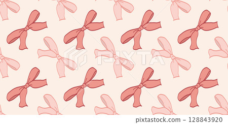 Pink vintage coquettish ribbon bows seamless pattern for fabric, wallpaper, gift wrapping, scrapbooking, and fashion design. Elegant hand-drawn aesthetic for feminine and romantic creative projects. Pink vintage coquettish ribbon bows seamless pattern for fabric, wallpaper, gift wrapping, scrapbooking, and fashion design. Elegant hand-drawn aesthetic for feminine and romantic creative projects. 128843920