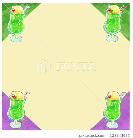 Hand-drawn retro melon soda frame material 128843925