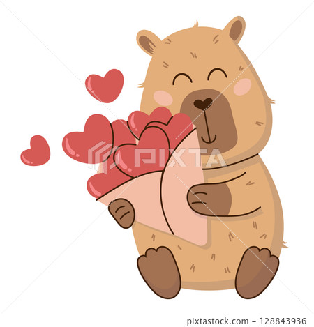 A cute vector illustration of a happy capybara holding a bouquet of hearts. Ideal for Valentines Day cards, stickers, posters, and social media. Adorable and playful design with a warm, joyful vibe. A cute vector illustration of a happy capybara holding a bouquet of hearts. Ideal for Valentines Day cards, stickers, posters, and social media. Adorable and playful design with a warm, joyful vibe. 128843936