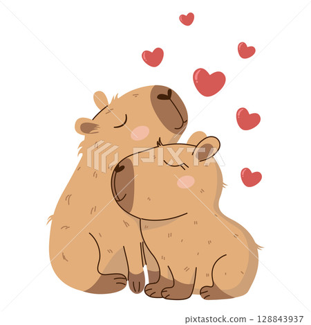 Cute vector illustration of two hugging capybaras surrounded by hearts on a transparent background. Perfect for postcards, prints, Valentines Day stickers and for social media. Soft, charming design. 128843937