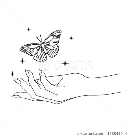 Boho style line art of a graceful hand with butterfly and sparkles, black outline on transparent background. Perfect for tattoos, posters, stickers, t-shirt prints, minimalist decor, spiritual themes. Boho style line art of a graceful hand with butterfly and sparkles, black outline on transparent background. Perfect for tattoos, posters, stickers, t-shirt prints, minimalist decor, spiritual themes. 128843944