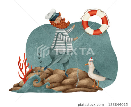 A Cheerful Sailor with a Lifebuoy and a Seagull, enjoying a wonderful time by the Sea 128844015