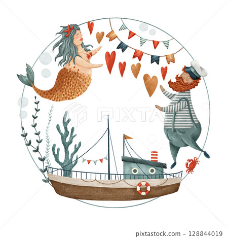 A Whimsical Mermaid and a Cheerful Sailor alongside a Boat adorned with Colorful Banners 128844019