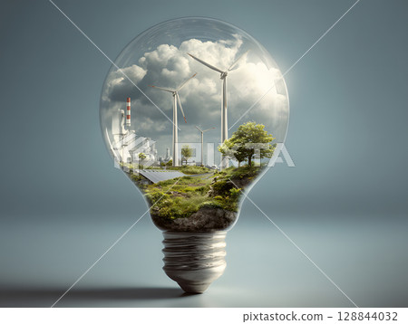 The light bulb as a concept of environmental protection and energy saving. Neural network AI generated art 128844032