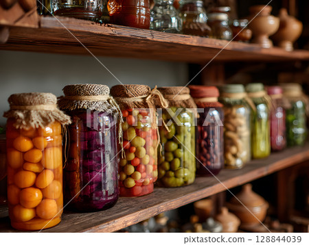 Food in supermarket, glass jars with canned vegetables and fruits. Preserves in glass jars. Neural network AI generated art 128844039